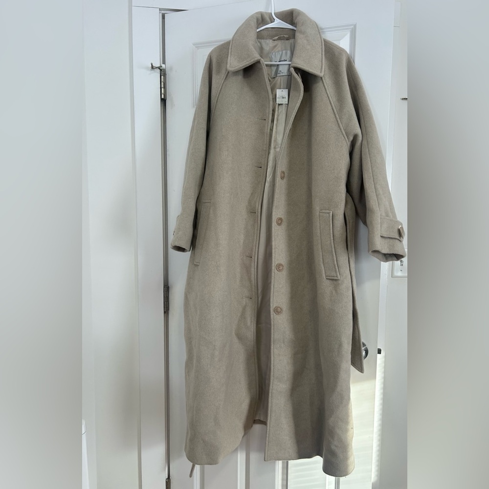 Abercrombie and Fitch Wool Blend Belted Coat in light taupe